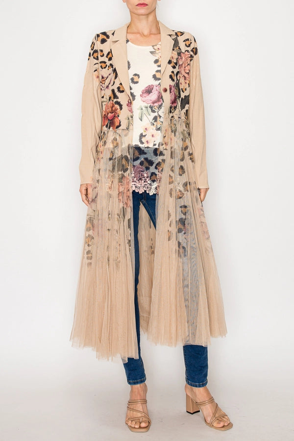 Vintage Leopard Longline Blazer Jacket with Mesh Tulle Panel