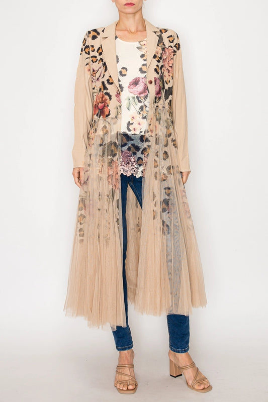 Vintage Leopard Longline Blazer Jacket with Mesh Tulle Panel