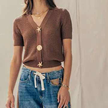 Mocha Coastal Seashell Button Textured Knit Cardigan Top