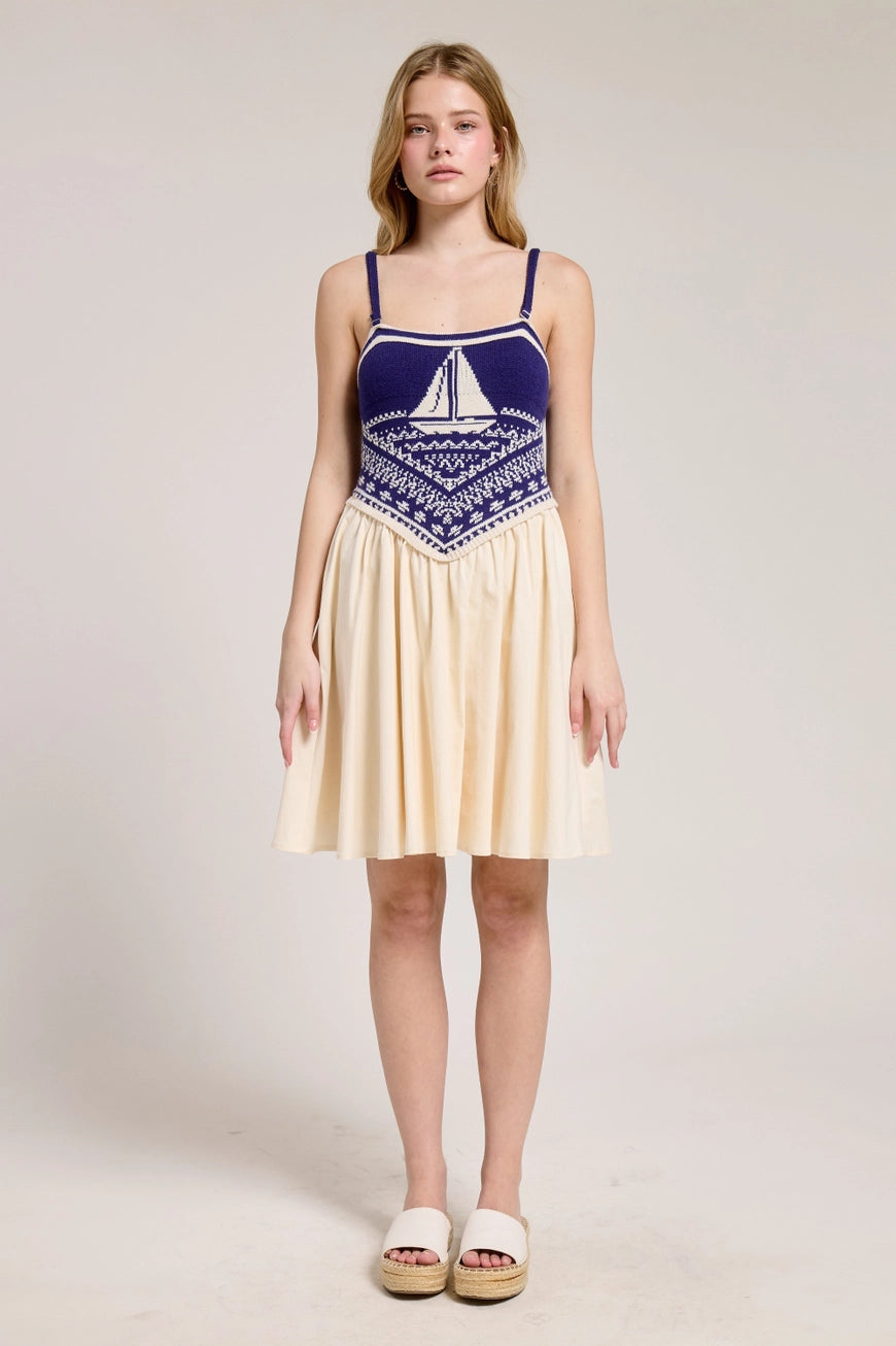 Sailboat Knit Bodice Contrast Midi Dress