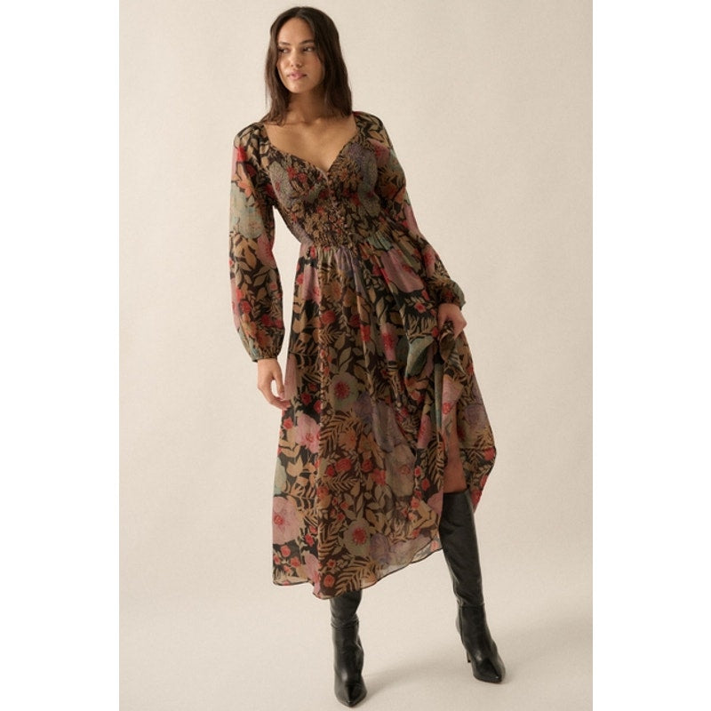 Midnight Ribbed Floral Smocked Button Peasant Maxi Dress