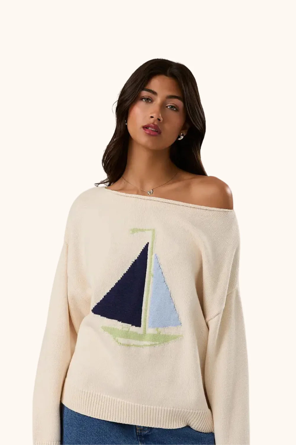Ivory Sailboat Boat Neck Sweater