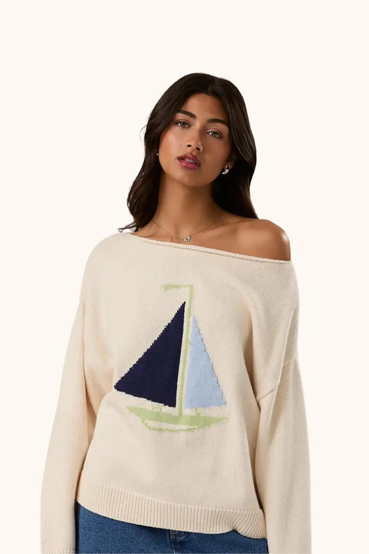 Ivory Sailboat Boat Neck Sweater