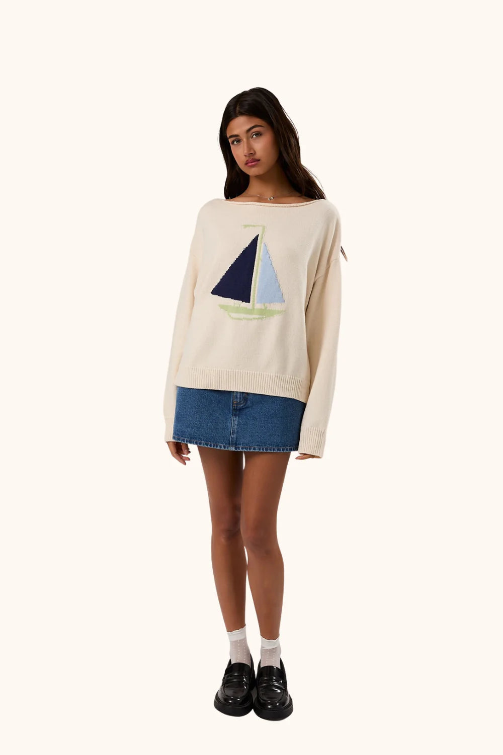 Ivory Sailboat Boat Neck Sweater