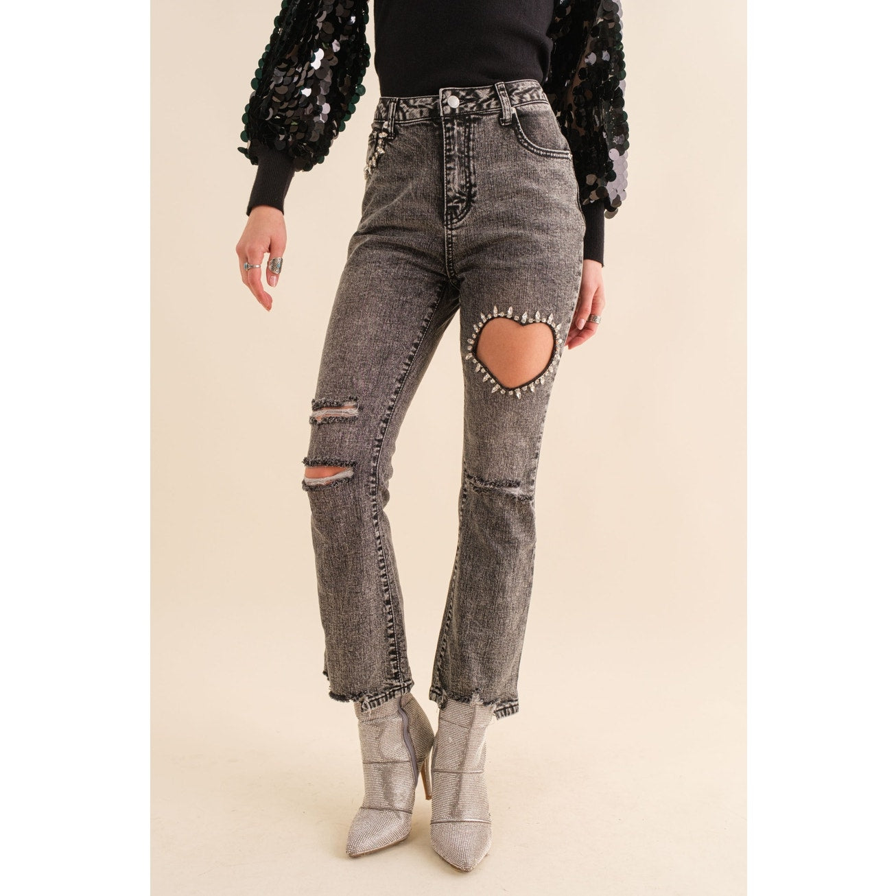 Charcoal Crop Stretch Ankle Button Heart Cut Out Denim Jeans