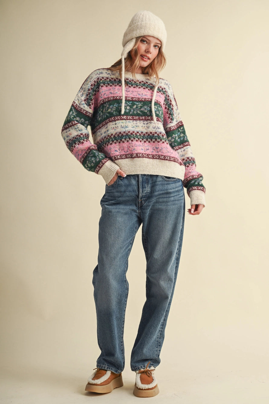 Ivory Pink Floral Fair Isle Sweater