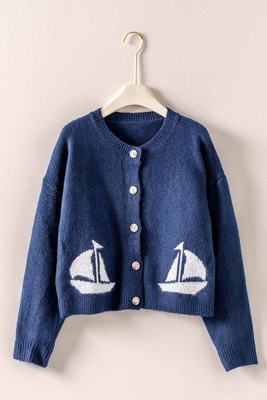 Nautical Sailboat Graphic Knit Button Cardigan