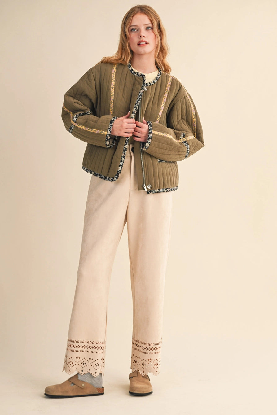 Olive Quilted Jacket with Contrast Binding Detail