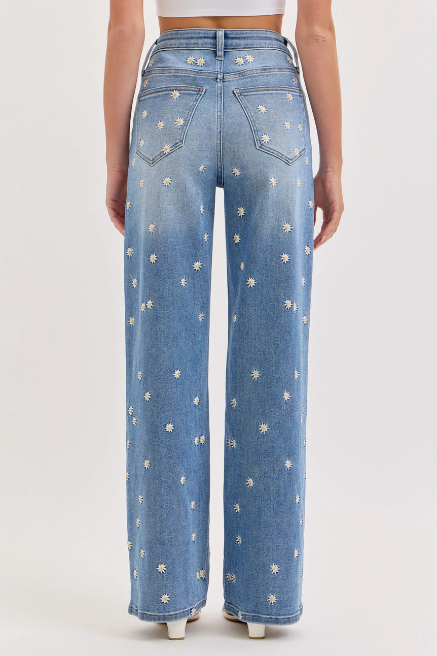 Daisy Embroidered High Rise Wide Leg Jeans