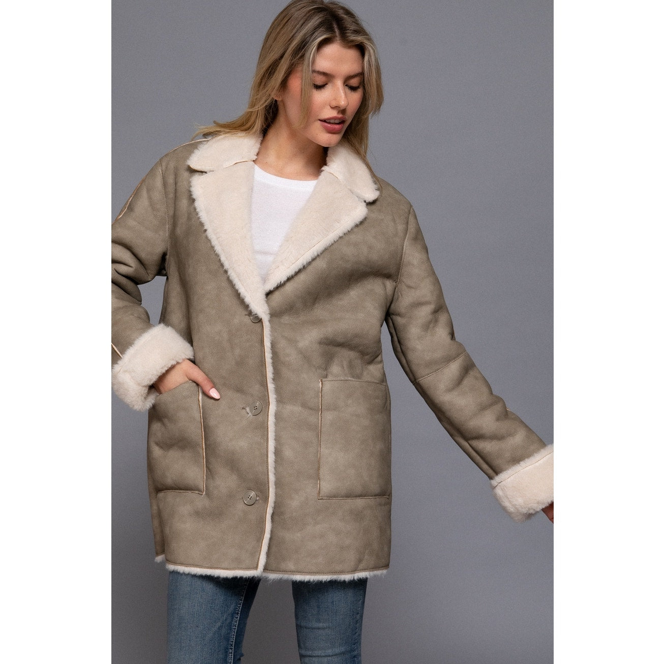 Taupe Lapel Collar Button Down Double Sided Faux Leather Coat