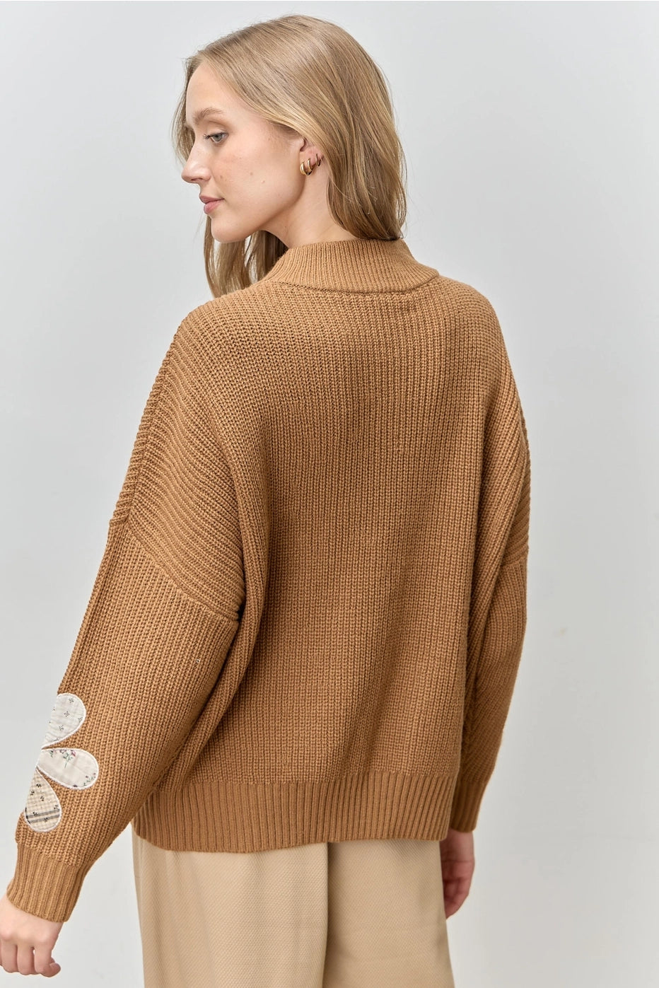 Camel Flower Patchwork Embroidered Sweater