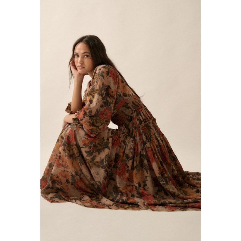 Sand Floral Smocked Three-Quarter Sleeve Maxi Dress