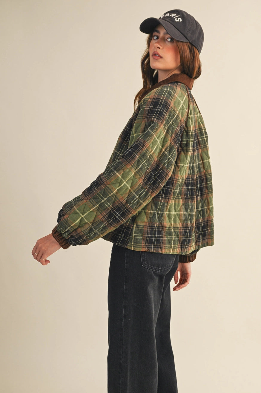 Plaid Quilted Jacket with Corduroy Detail