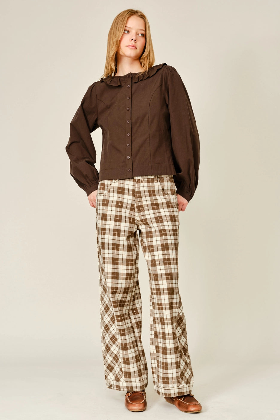 Oxford Plaid Wide Leg Cotton Pants