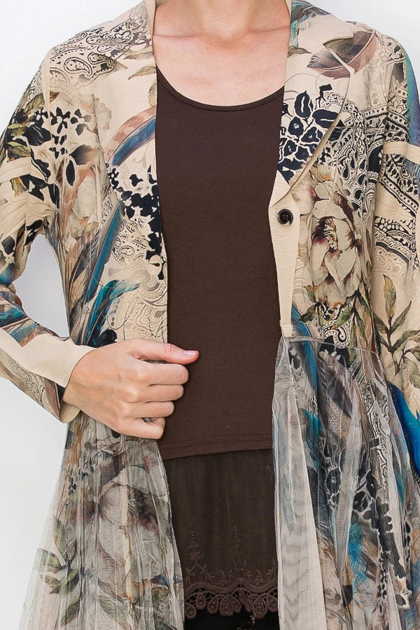 Blue Abstract Longline Blazer Jacket with Mesh Tulle Panel