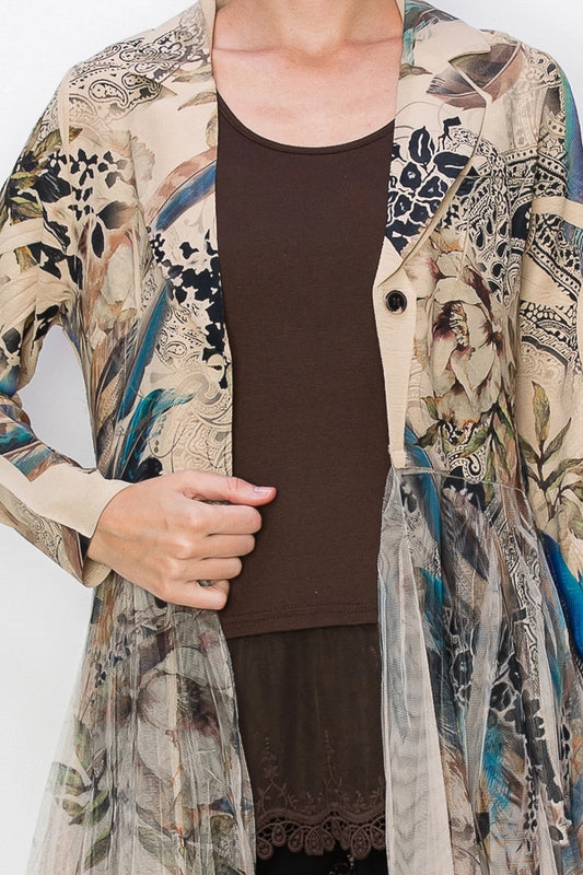Blue Abstract Longline Blazer Jacket with Mesh Tulle Panel