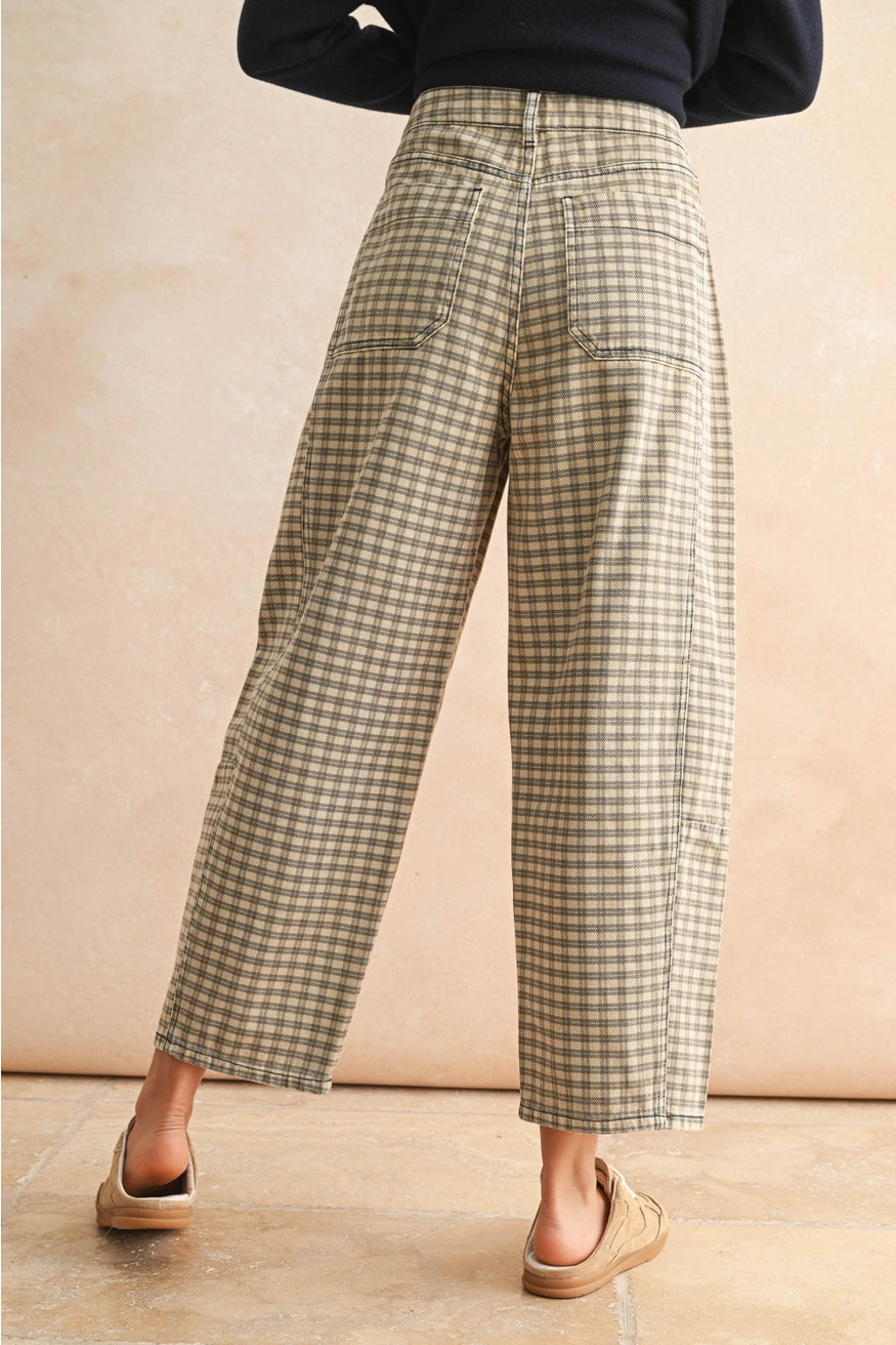 Mini Checker Pattern Barrel Pants