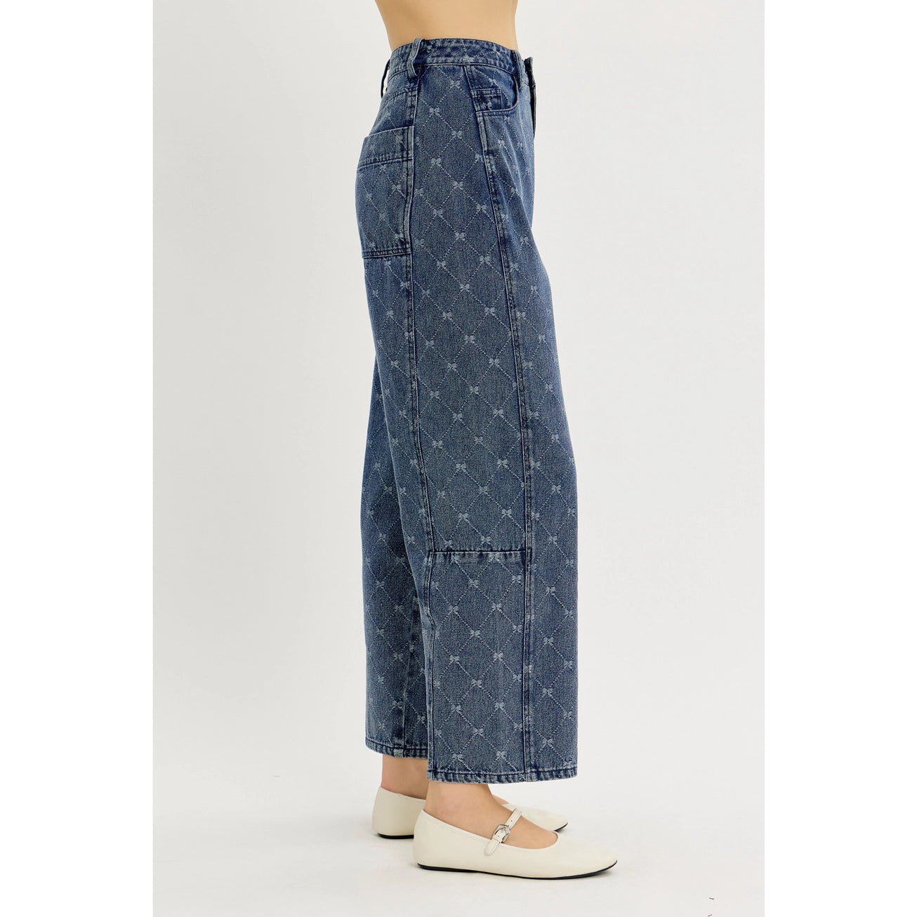Washed Denim Barrel Pants in Bow-Textured Detail
