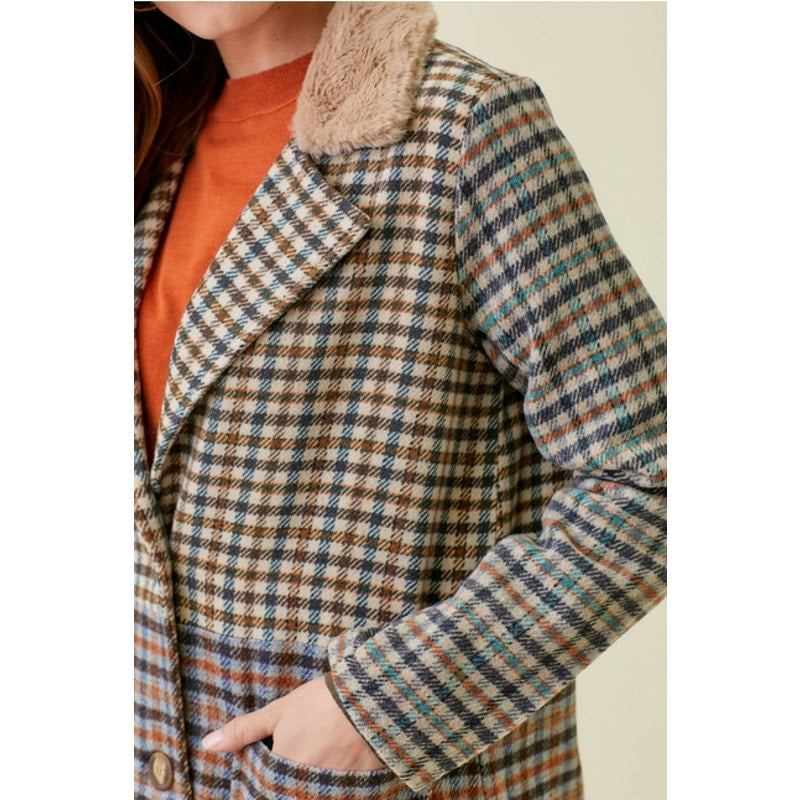 Taupe Mix Plaid Long Coat with Faux Fur Collar