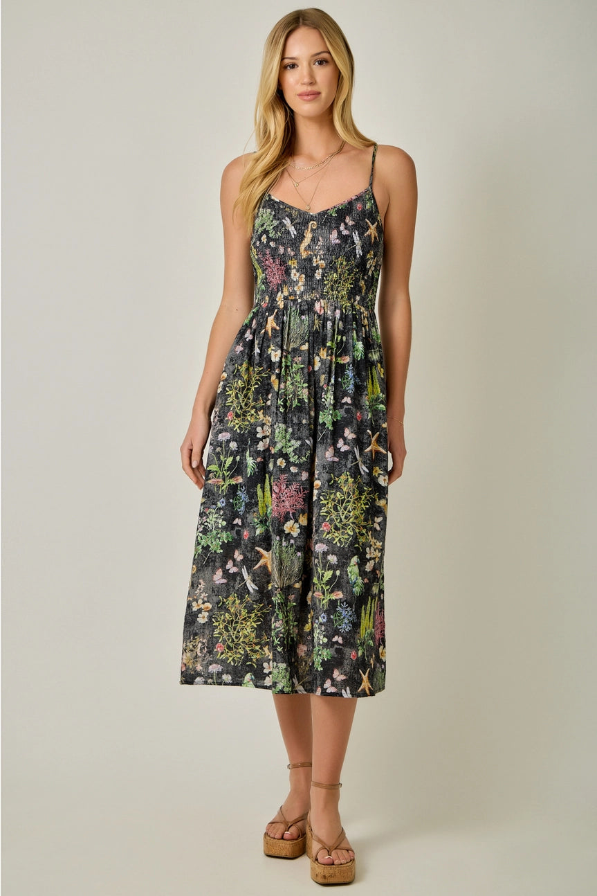 Black Printed Double Gauze Smock Dress