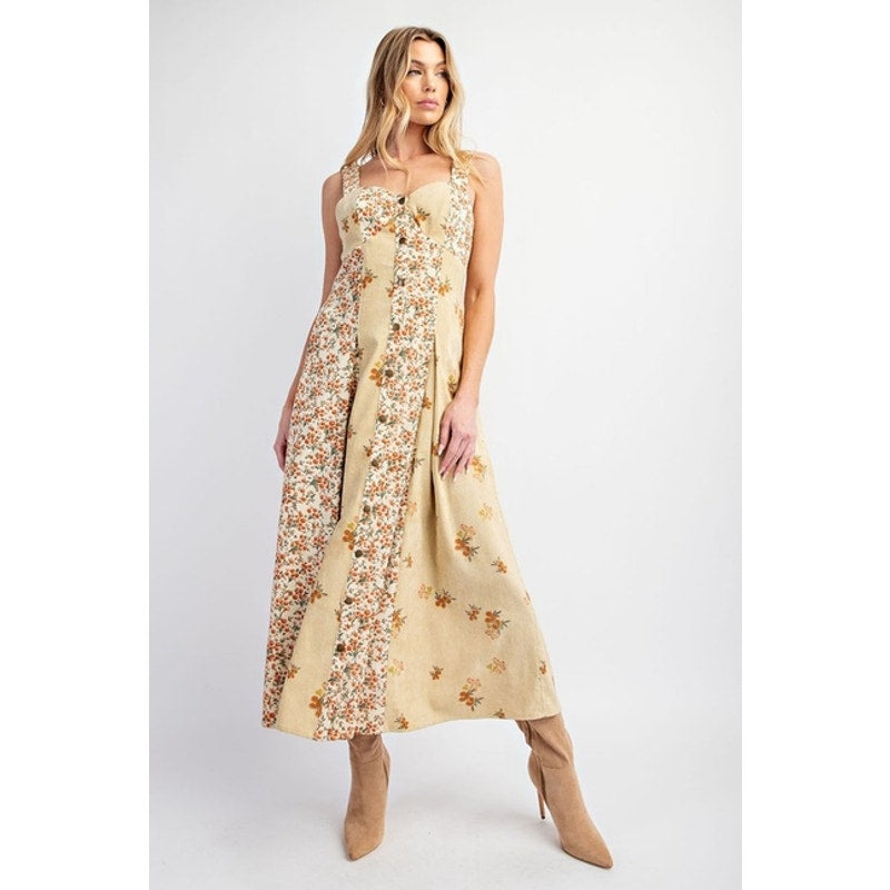 Golden Sand Floral Corduroy Midi Dress