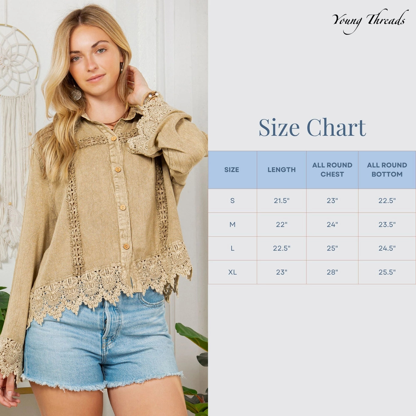 Gravel Artisan Boho Lace Trim Button-Front Blouse Top