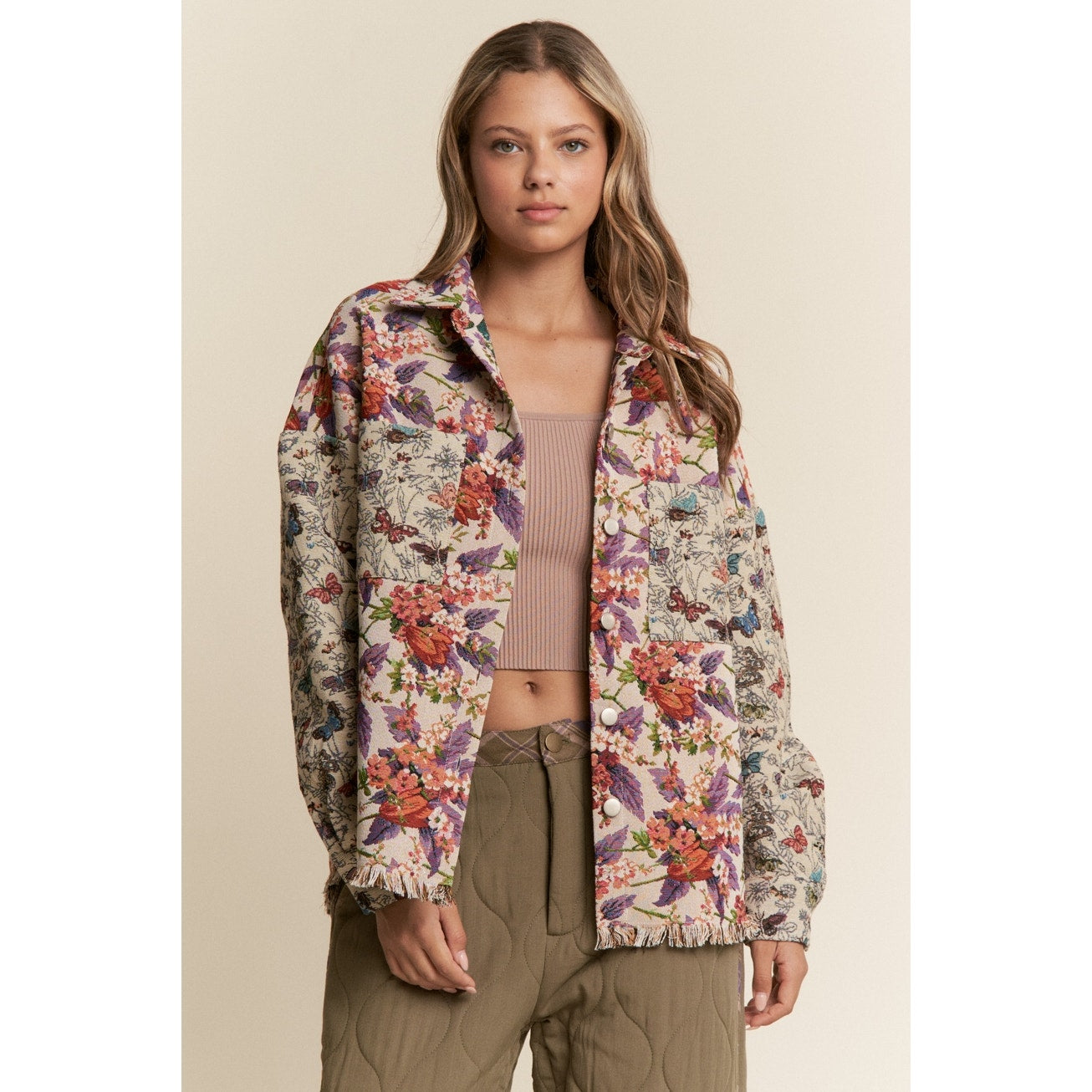 Violet Copper Butterfly and Floral Print Button Down Jacket
