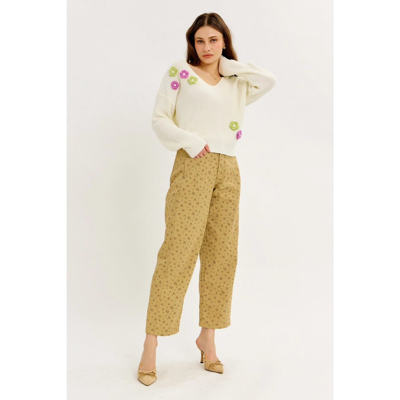 Ditsy Flower Twill Barrel Leg Pants