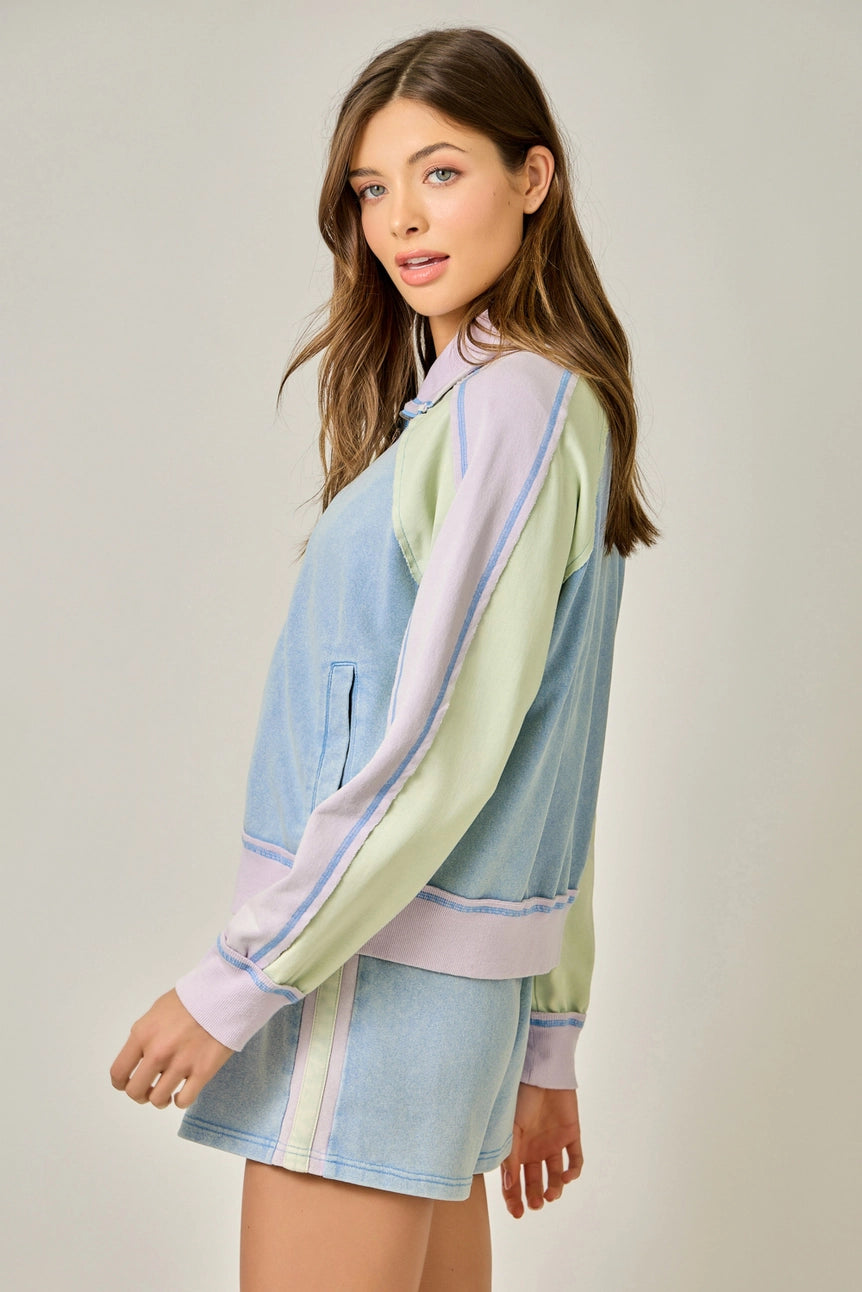 Soft Blue Lavender Color Block Zipped Up Jacket