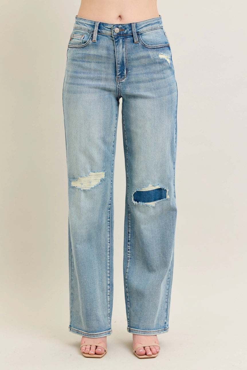 High Waisted Distressed & Knee Patch Straight Jeans