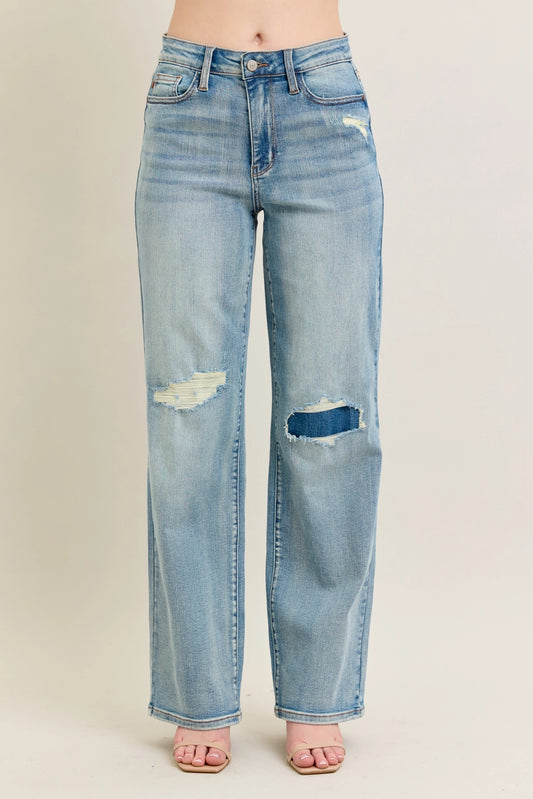 High Waisted Distressed & Knee Patch Straight Jeans