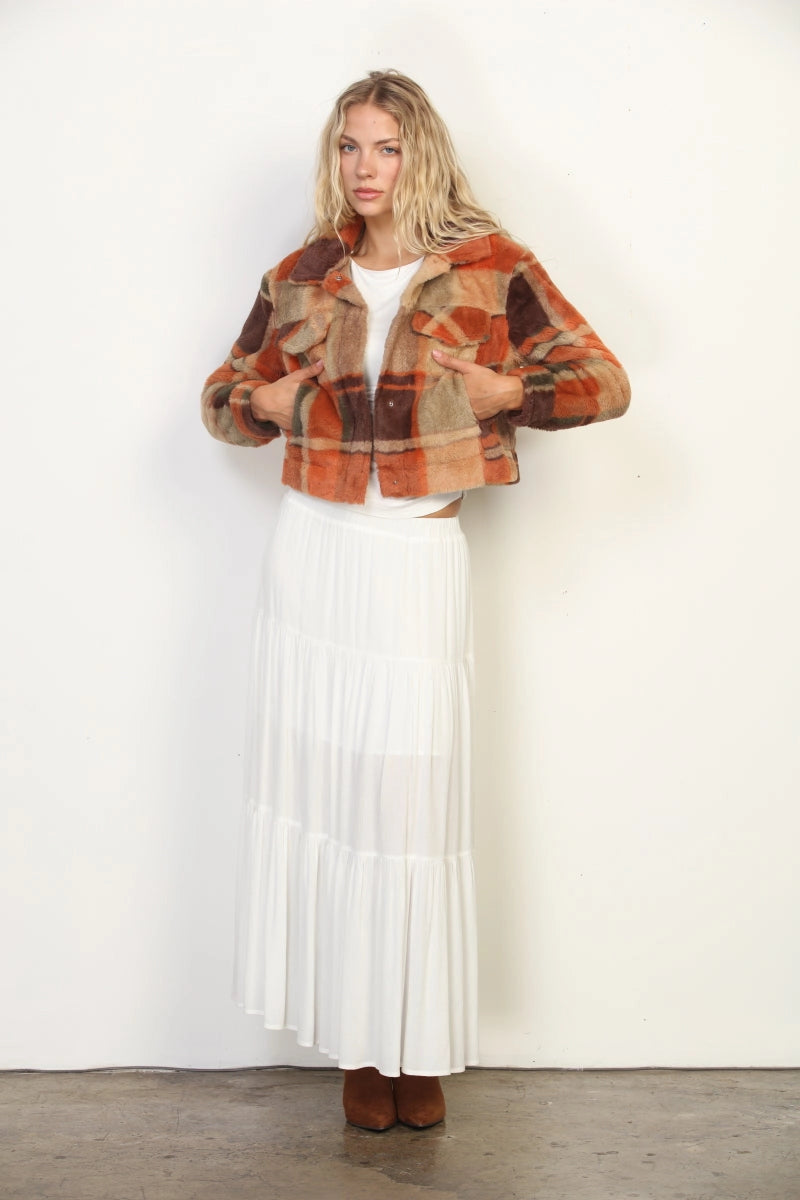 Rust Plaid Faux Fur Jacket