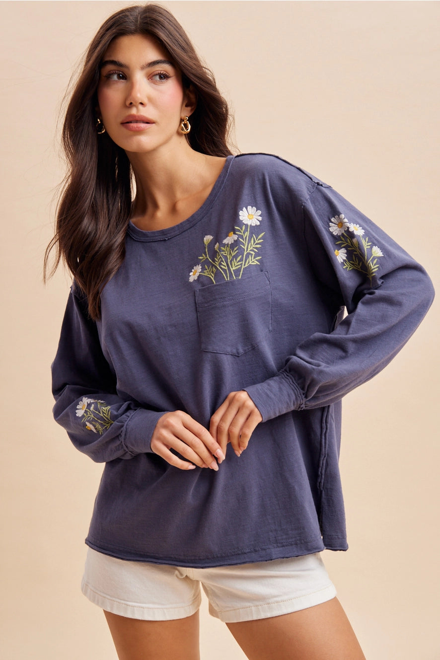Embroidered Long Sleeve Pullover - Charcoal Denim