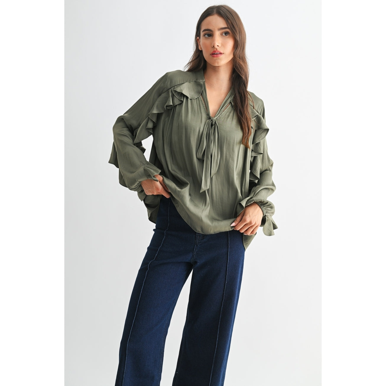 Exquisite Olive Ruffled Detail Blouse