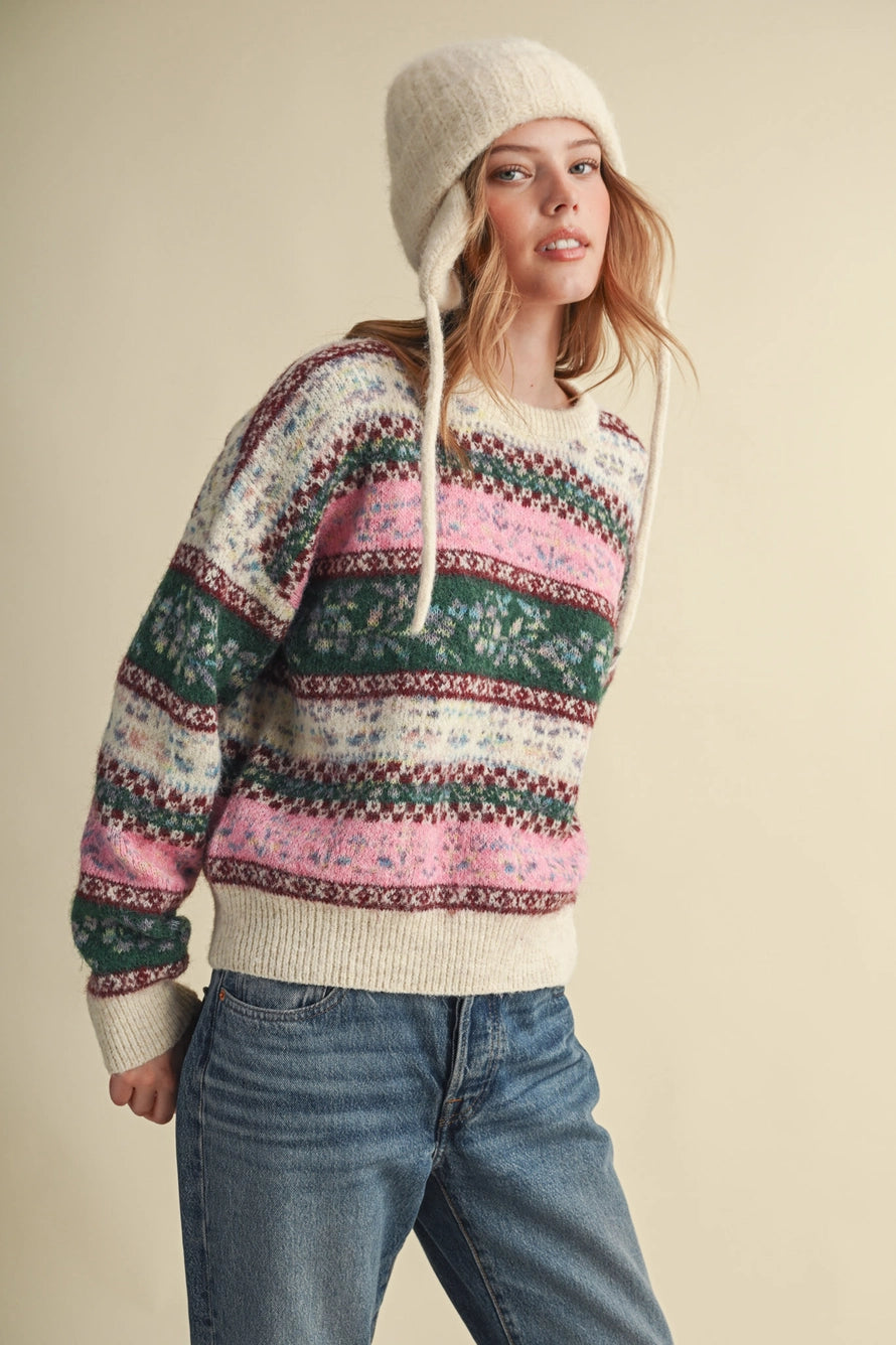 Ivory Pink Floral Fair Isle Sweater