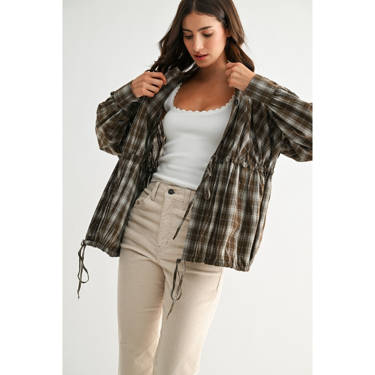 Olive Plaid Drawstring-Waist Jacket