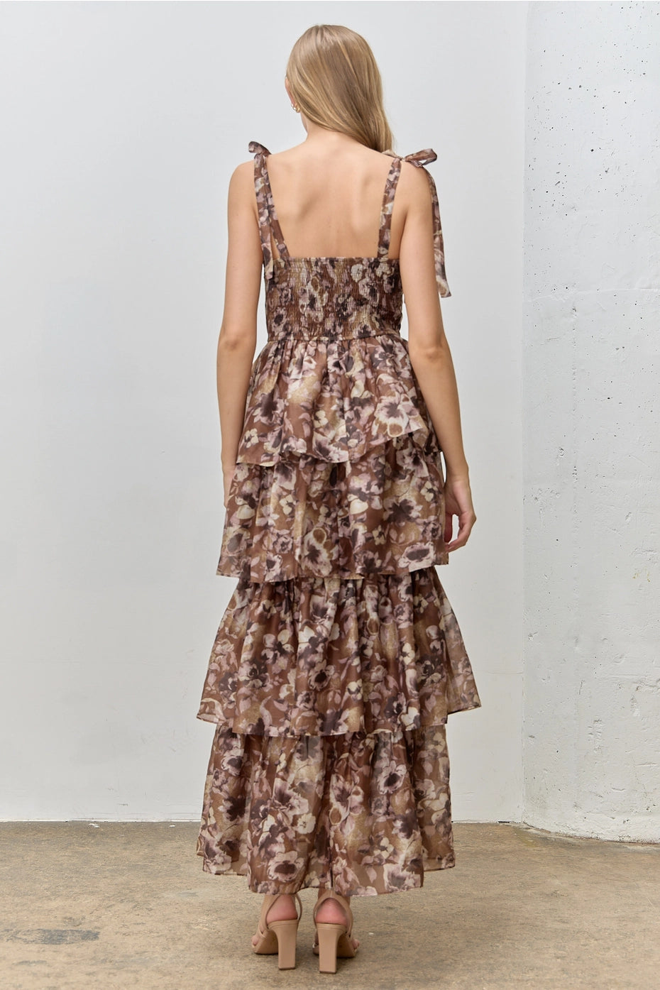 Olive Floral Print Shoulder Tie Maxi Dress