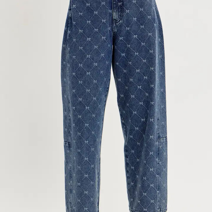 Washed Denim Barrel Pants in Bow-Textured Detail