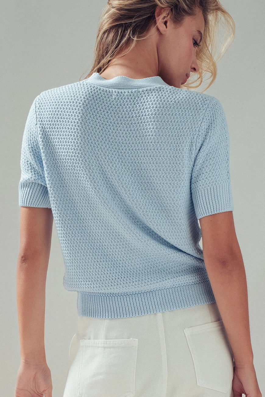 Blue Coastal Seashell Button Textured Knit Cardigan Top