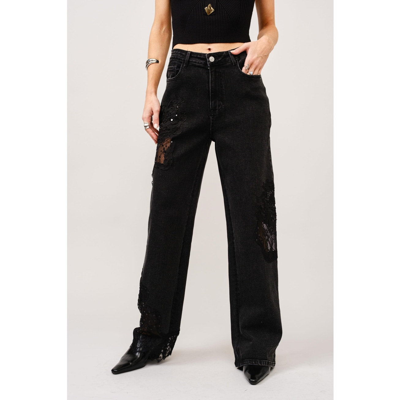 Black Lace Patchwork Straight Leg Jeans