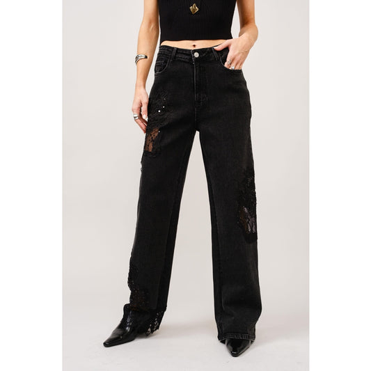 Black Lace Patchwork Straight Leg Jeans
