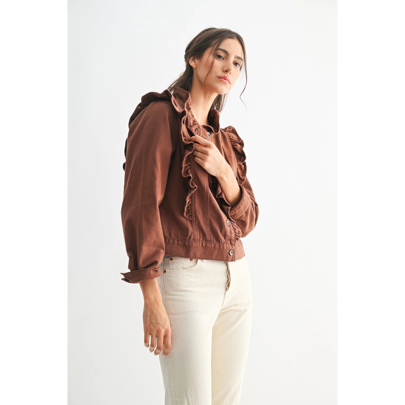 Brown Ruffled Button-Up Denim Jacket