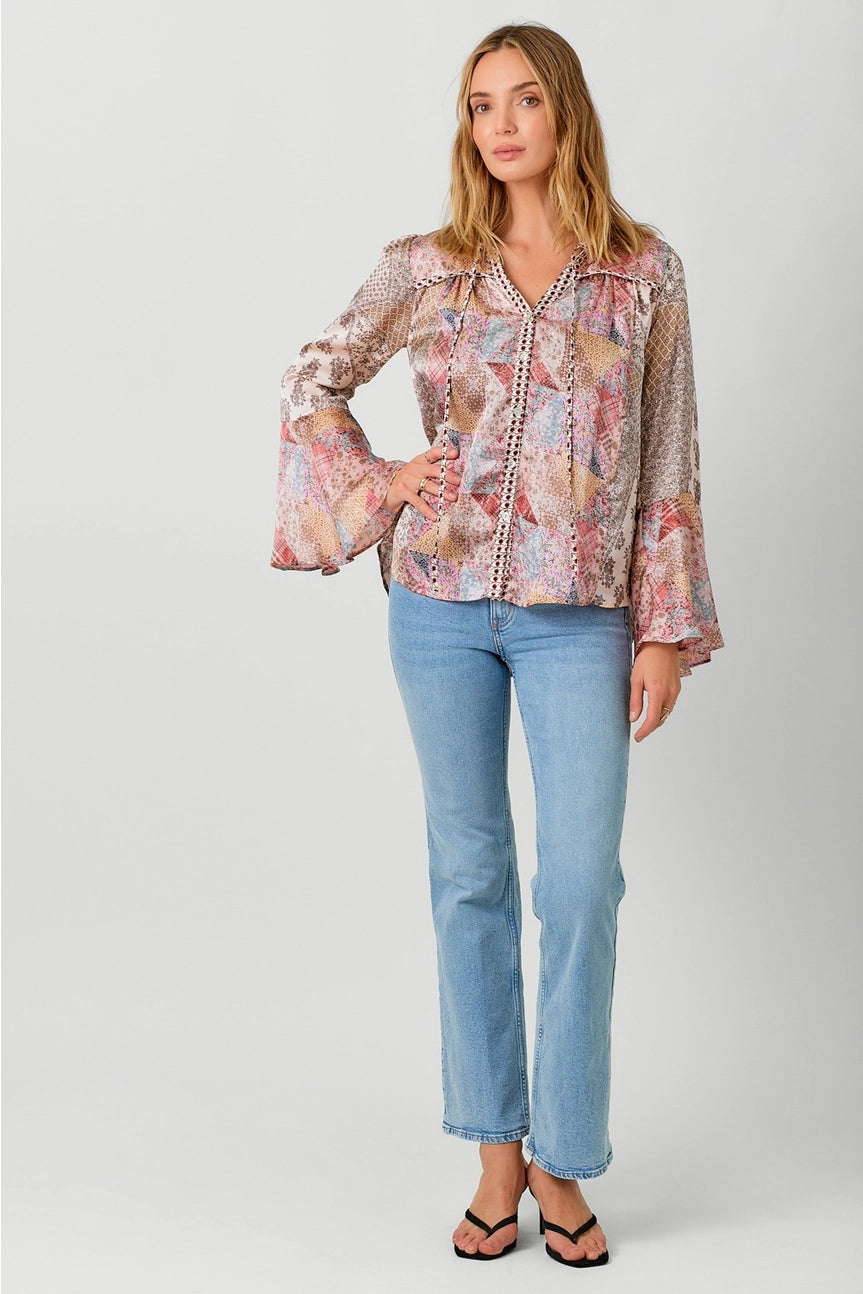 Mixed Print Bell Sleeve Shirt