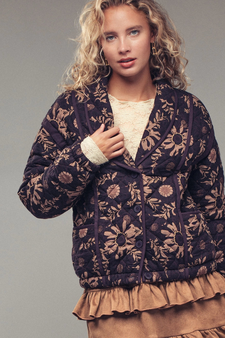 Quilted Floral Shawl Collar Jacket