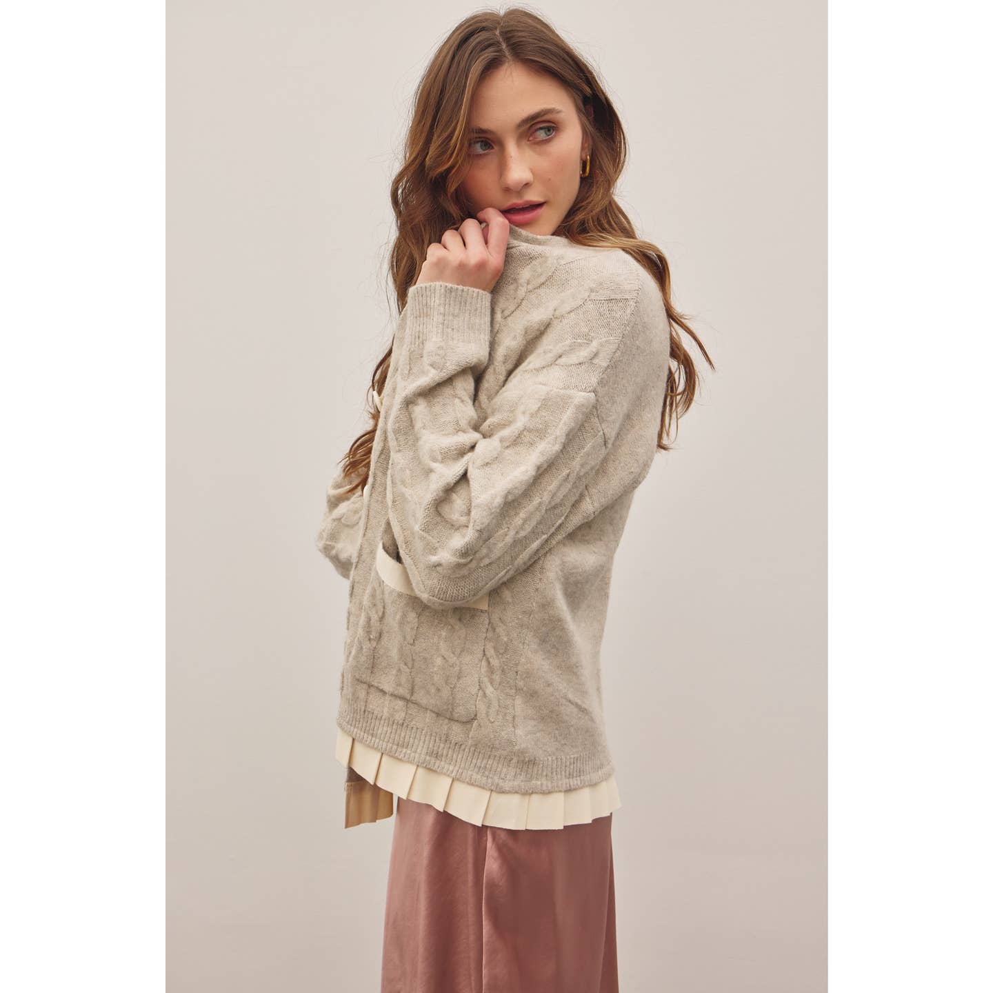 Oatmeal Button-Down Cable Knit Sweater Cardigan