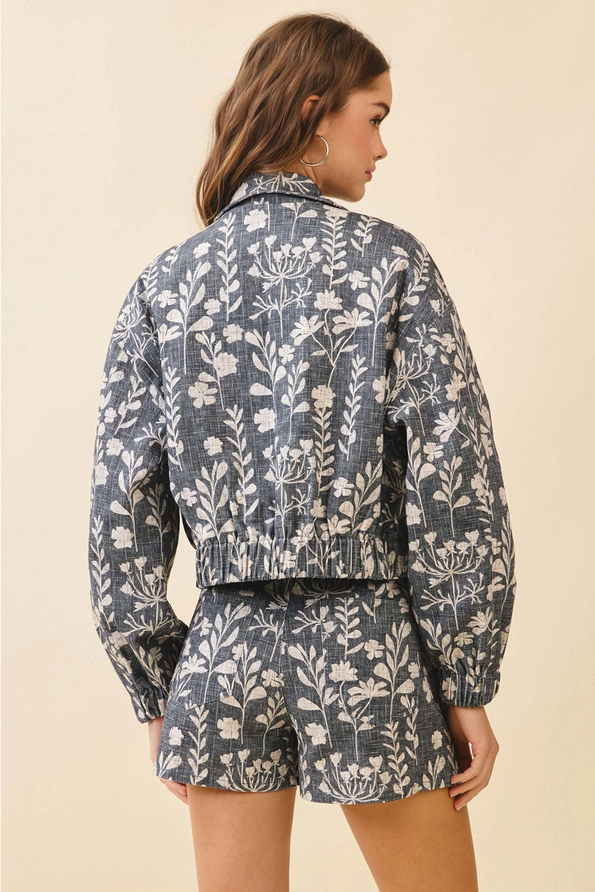 Botanical Print Pointed Collar Cropped Jacket