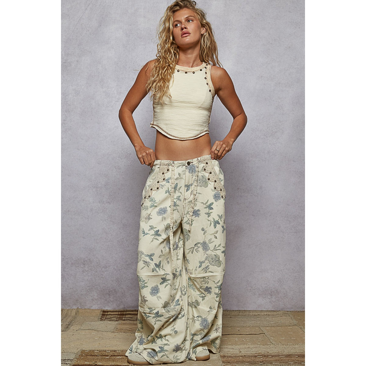 Cream Floral Lace Drawstring Detail Printed Twill Woven Pants