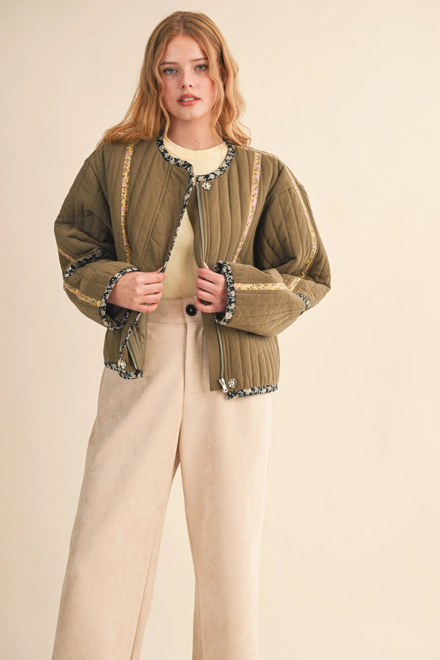 Olive Quilted Jacket with Contrast Binding Detail