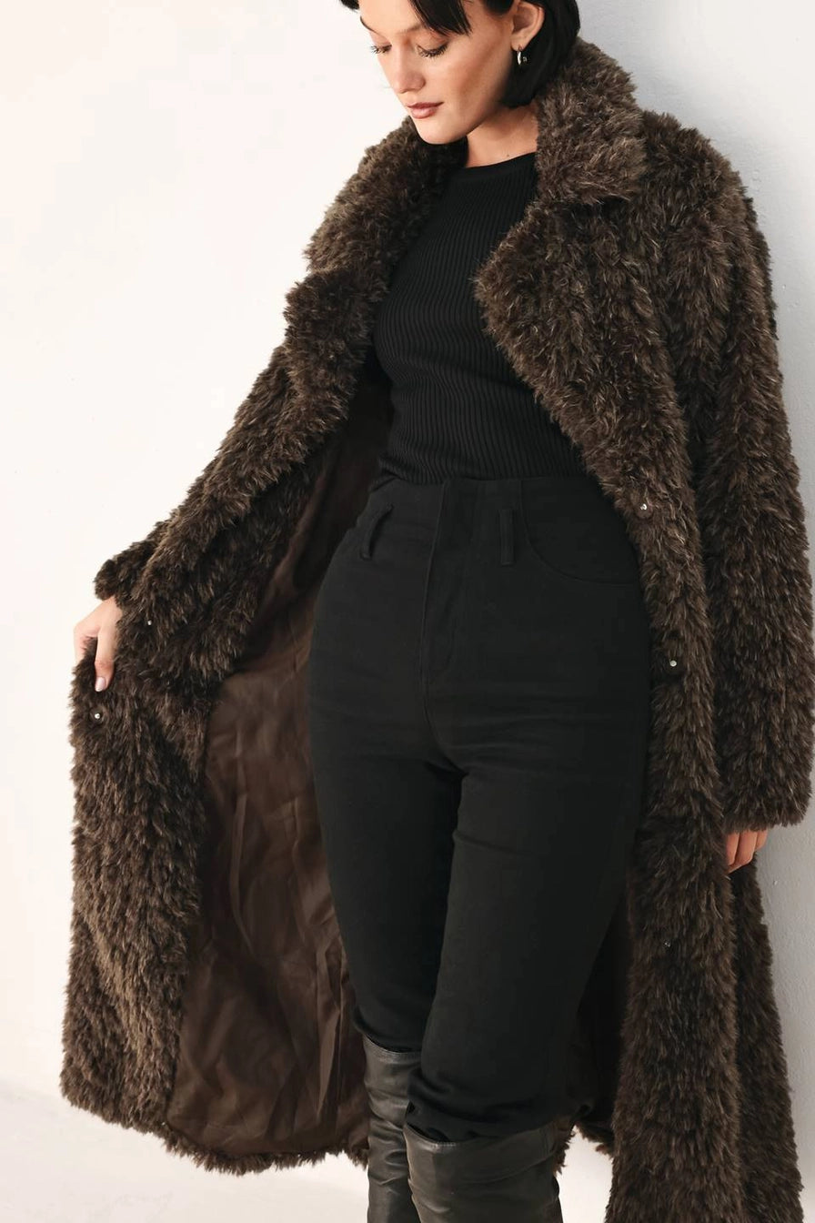 Brown Faux Fur Midi Coat