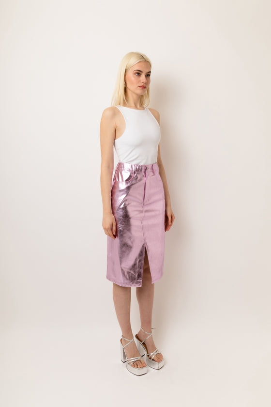 Amy Lynn Lupe High Waist Metallic Knee Length Skirt in Pink